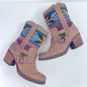 Born Panarea Brown Leather Wool Southwestern Boho Festival Mid-Calf‎ Heeled Boot